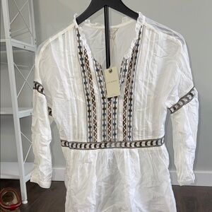 Lucky Brand White Embroidered Blouse with Mandarin Collar